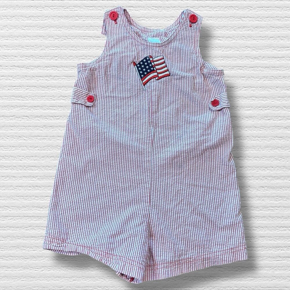 Chez Ami By Patsy Aiken Red Embroidered American Flag Jon Jon Romper Size 4 USA